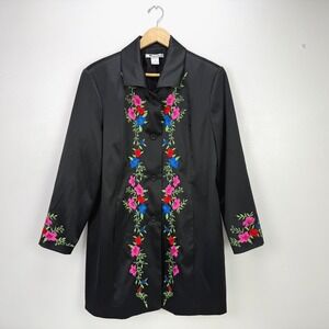 Vintage‎ Nygard Petites Embroidered Satin Jacket Black Floral 16P Festival Boho